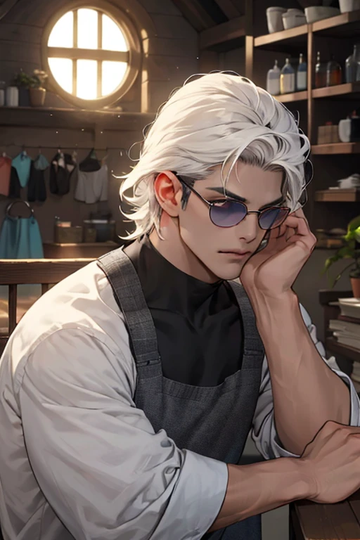 Realista,(A obra-prima,Qualidade Superior,melhor qulity,arte oficial),Muito detalhado,colorido,mais detalhado,DEUS,cabelos mais curtos,cabelos de cor preta,homem bonito,gargantilha,manga curta,periferia,sun glasses, terno