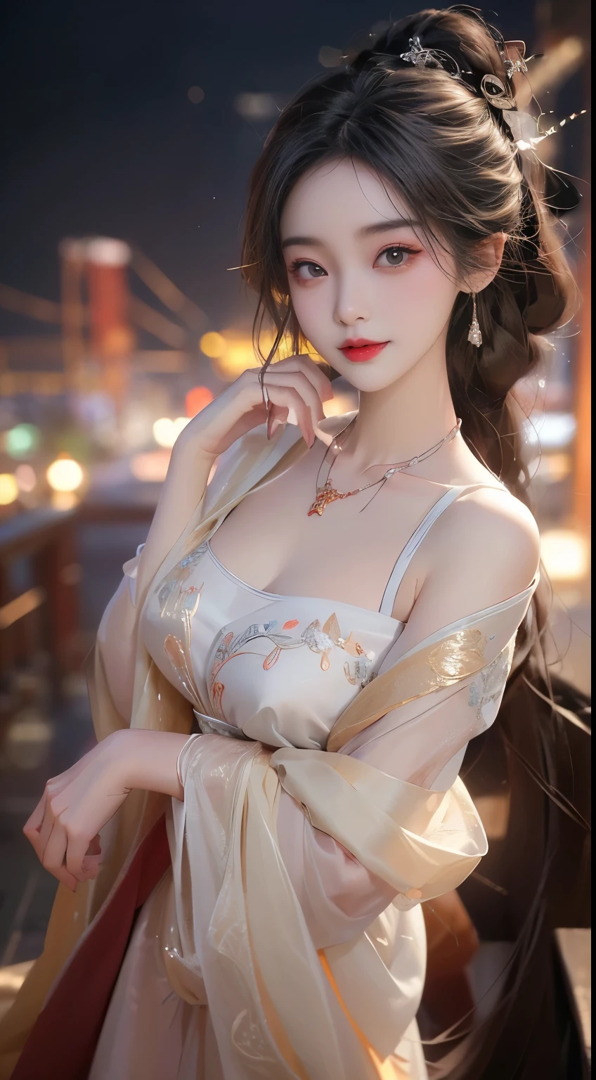 ((Shot in the knee)), 8K, masterpiece, original photo, best quality, detail:1.2), ((Shot at random angles)), lifelike, Extremely detailed CG unified 8K wallpapers, Depth of Field, light, lens flare, Ray tracing, (extremely beautiful face, Beautiful lips, beautiful eyes), intricate detail face, ((ultra detailed skin)) 1 girl, in the darkness, Deep Shadows, Beautiful korean girl, Korean Idol,(Very slim figure:1.3), Full breasts, (A big smile), (City night, (Neon), (night), Beautiful korean girl, White Diamond Earrings, diameter bracelet, Deya Necklace, Clear eyes, Walk, (big eyes), Right hand, Anatomically correct