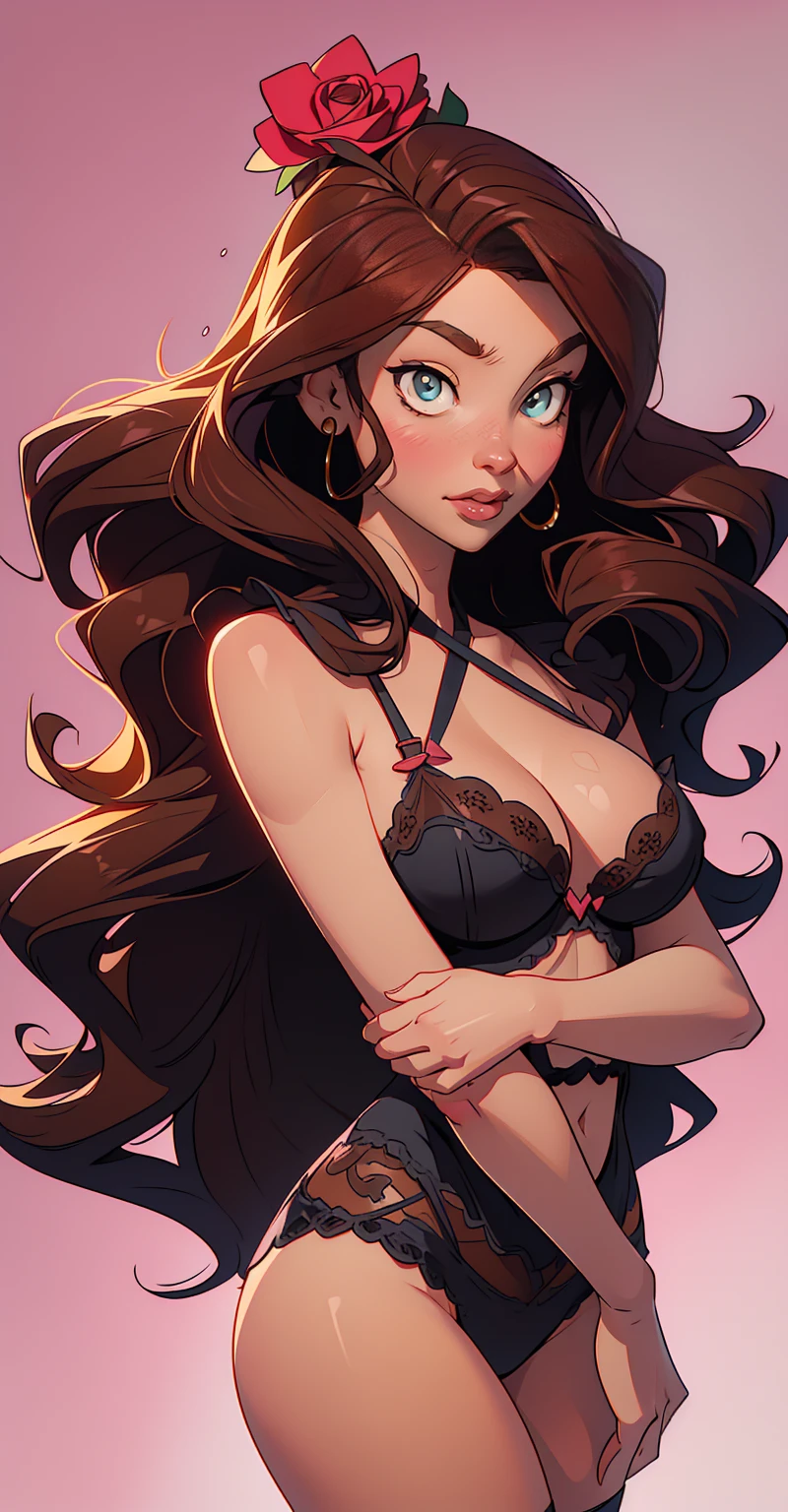 1femme, wavy brown hair, yeux , visage sournois , affected smile , Lingerie rose ,Seins serrés l'un contre l'autre , ventre, gros seins, Legs extended , tiens-toi sur tes hanches..., Délicat et sexy (clavicule:1.3),Nuit, wet (en sueur, soaked)