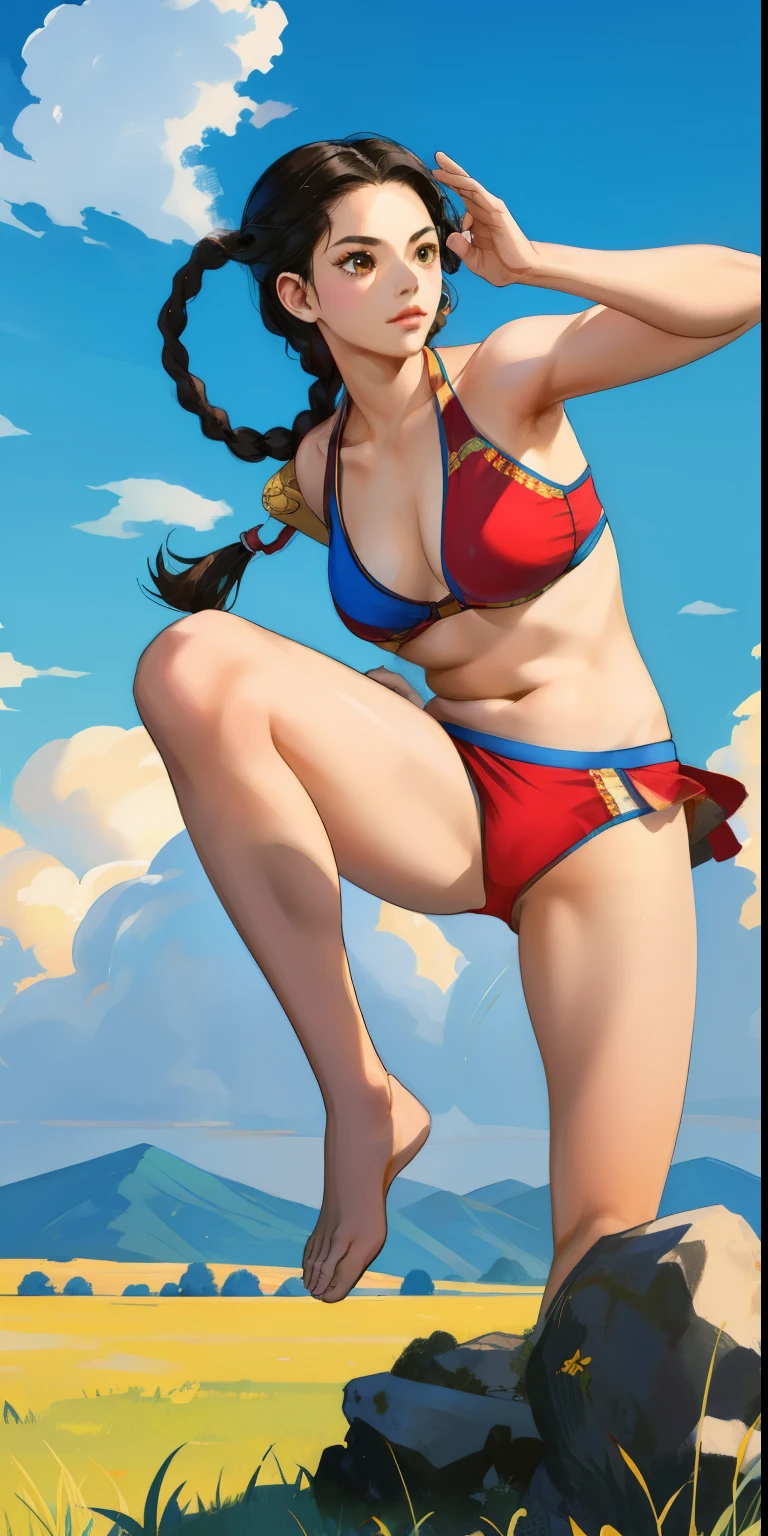 Paichan, Twin braids with blue ribbon, Brown eyes, Double good,Black Hair, alone , Tai Chi Stance, close,
disappointing,Bikini figure、Kung Fu Pose、High Kick、White panties、
 blue sky, cloudy, evening, grassland, 
(Very detailed, Beautifully detailed face, masterpiece, highest quality)   