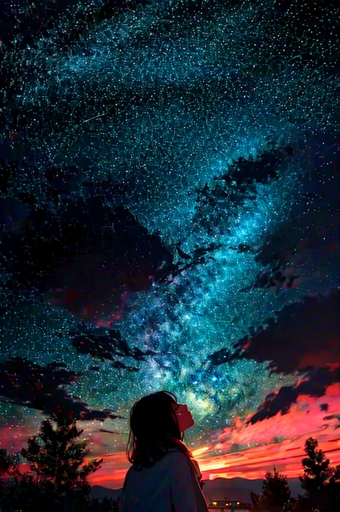 A starry sky,Meteors,colorful,8k,Beautiful night sky,Girl looking up at the sky,Long Shot,Wide Shot