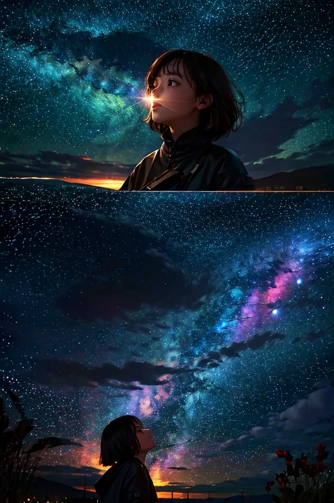 A starry sky,Meteors,colorful,8k,Beautiful night sky,Girl looking up at the sky,Long Shot,Wide Shot