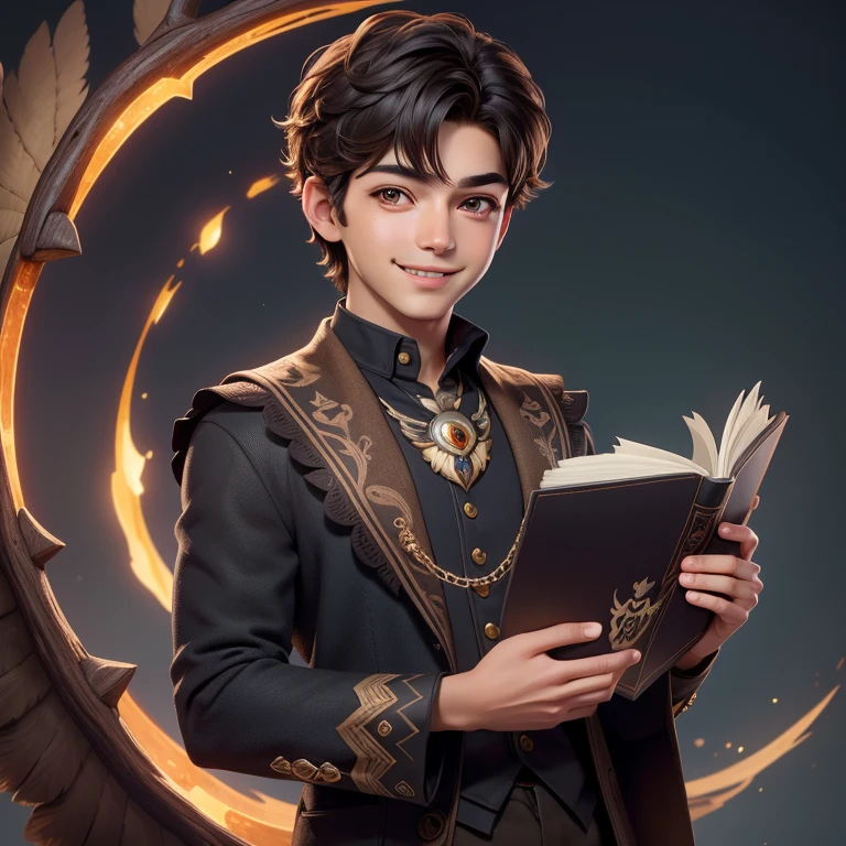 (Highest quality, masterpiece: 1,1), (with owl, dark eyes, bright smile), Cute boy with brown skin, short hair, reading magic book, detailed, 8K