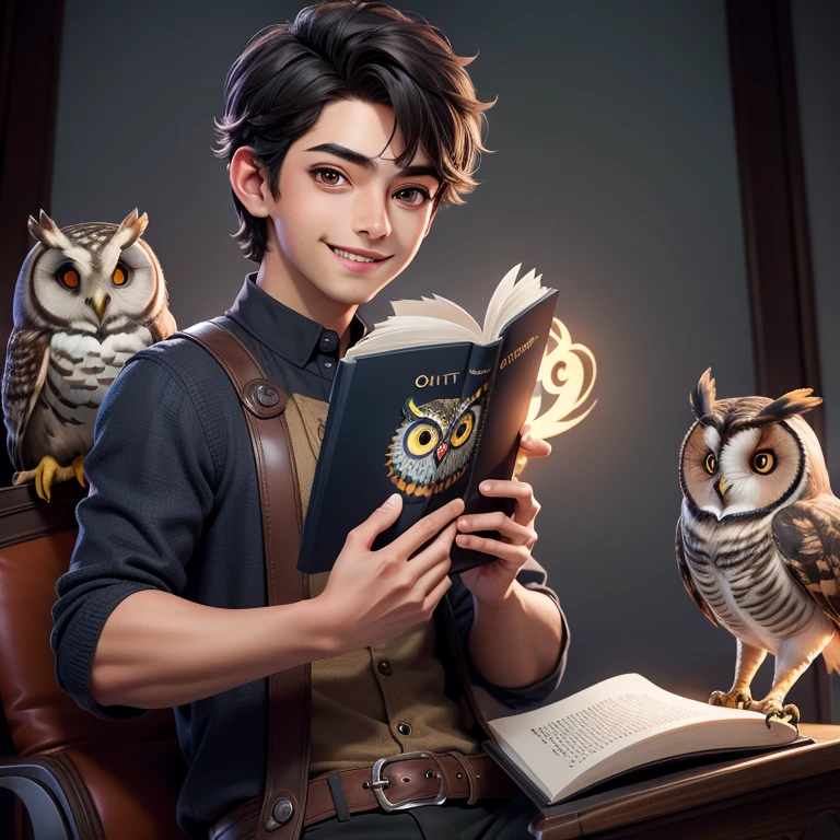 (Highest quality, masterpiece: 1,1), (with owl, dark eyes, bright smile), Cute boy with brown skin, short hair, reading magic book, detailed, 8K