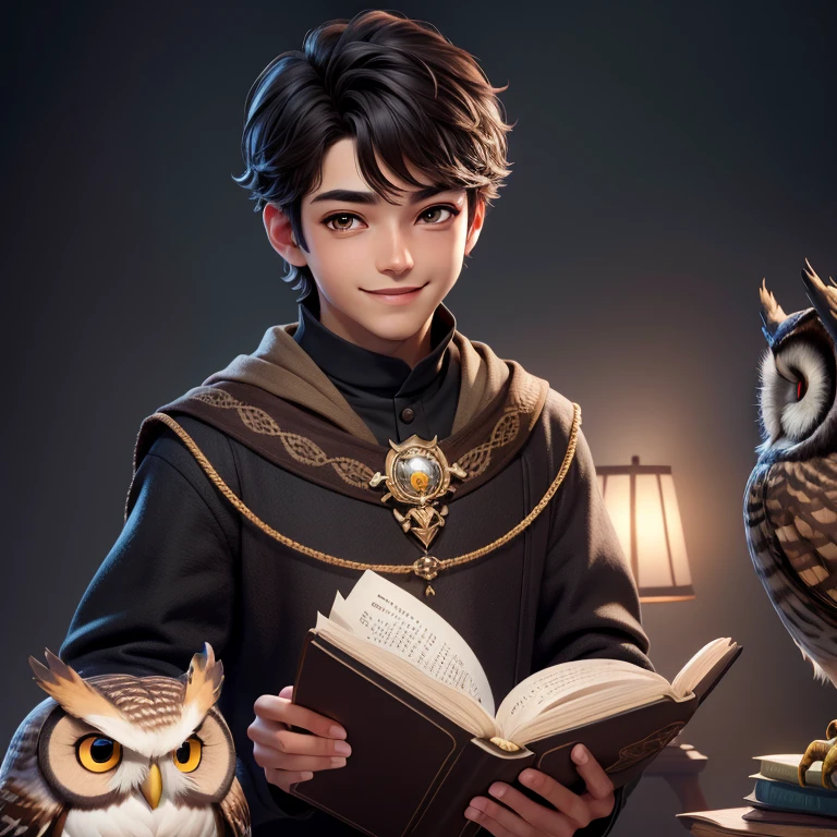 (Highest quality, masterpiece: 1,1), (with owl, dark eyes, bright smile), Cute boy with brown skin, short hair, reading magic book, detailed, 8K