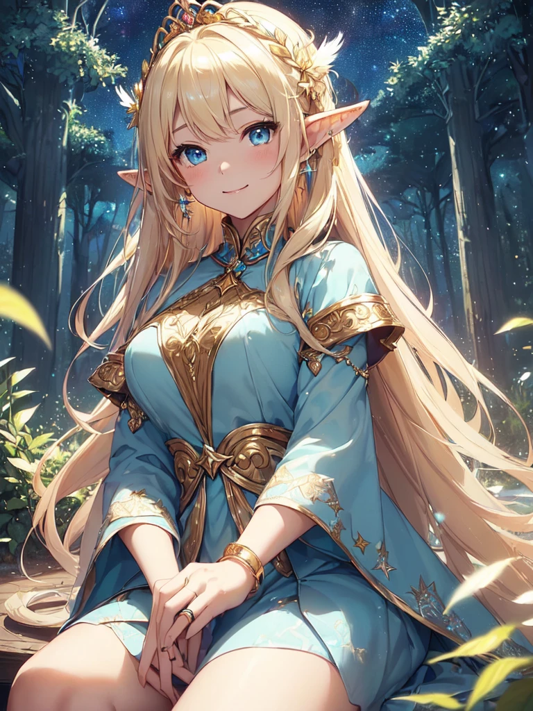 top-quality、Top image quality、​masterpiece、The season is autumn、girl with((20yr old、Best Bust、big bast、Bust 90,Beautiful blue eyes、,Blonde long hair、A slender、Fairy feathers、In beautiful dresses of various colors、a closeup、sitting on、magic harp、Gold ring on wrist、beautiful tiara、hiquality、Beautiful Art、Background with((starrysky)))masutepiece、visualart、depth of fields、sky at night、、　、low angles、A sexy、Elven ears、Feathers glow in iridescent colors、light magic、in beautiful woods、Big treeid night、Flute melodies🎵、Fun Concerts、Happy smile、Gentle light、Magic Palace