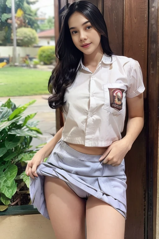 (pp clothes), (realistic), wearing skirt, lifting skirt, girl showing her white panty, standing.