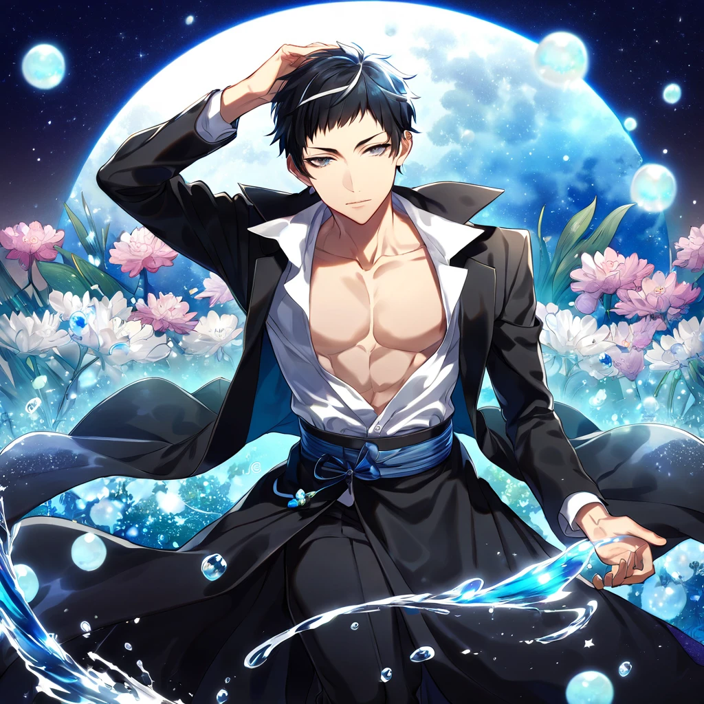 absurdres, highres, ultra detailed, HDR, master piece, best quality, Akutagawa Ryunosuke, black hair, long side bangs with white streaks, short bangs, expressive gray eyes, Bungou Stray Dogs, solo, sexy man, handsome, toned chest, black coat, white shirt, magical, fantasy, water, blue moon, starry, blue fireflies, blue flowers