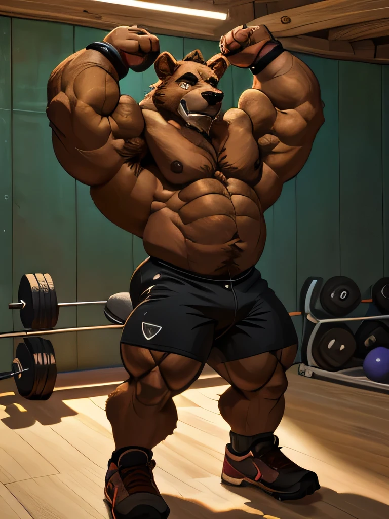 solo, 2boys, beach, size different, chubby Grizzly Bear adventure in the gym, brown fur, thick arm, huge arm, bearded. brown hair and brown beard, bearded, muscular, pectoral, wide pectoral, realistic, 8k, masterpiece, (wearing black shorts, wristbands and shirtless:1.3, topless, shoes) stretching his body muscles ((extremely muscle size, super thick arms, huge back, thick brown fur, extremely wide back and shoulder , huge arms)). and add details to make it attractive and interesting. Add textures and details to make the image more realistic, such as the appearance of the body built muscles texture and the appearance of the skin. Make sure the resulting image is high resolution, 8K quality.", simple background, masterpiece, high detailed, 8k, high resolution