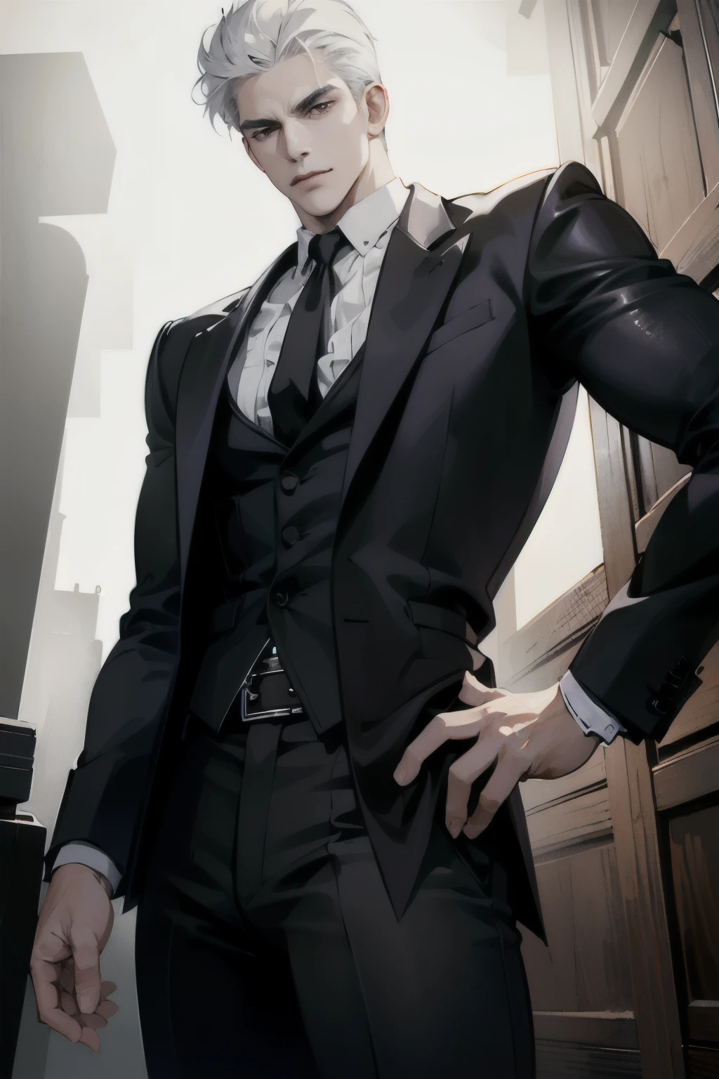 (masterpiece, best quality:1.2), (absurd res, high res, ultra detailed), 1 male, adult, handsome, tall muscular guy, broad shoulders, white hair, finely detailed eyes, portrait, looking at viewer, solo, half shot, detailed background, detailed face, (gothic), smirk, vampire, dark leather, high fantasy,, stealth, undercover, (crates in background), shadows, fog, (dutch angle), closed mouth, black pants