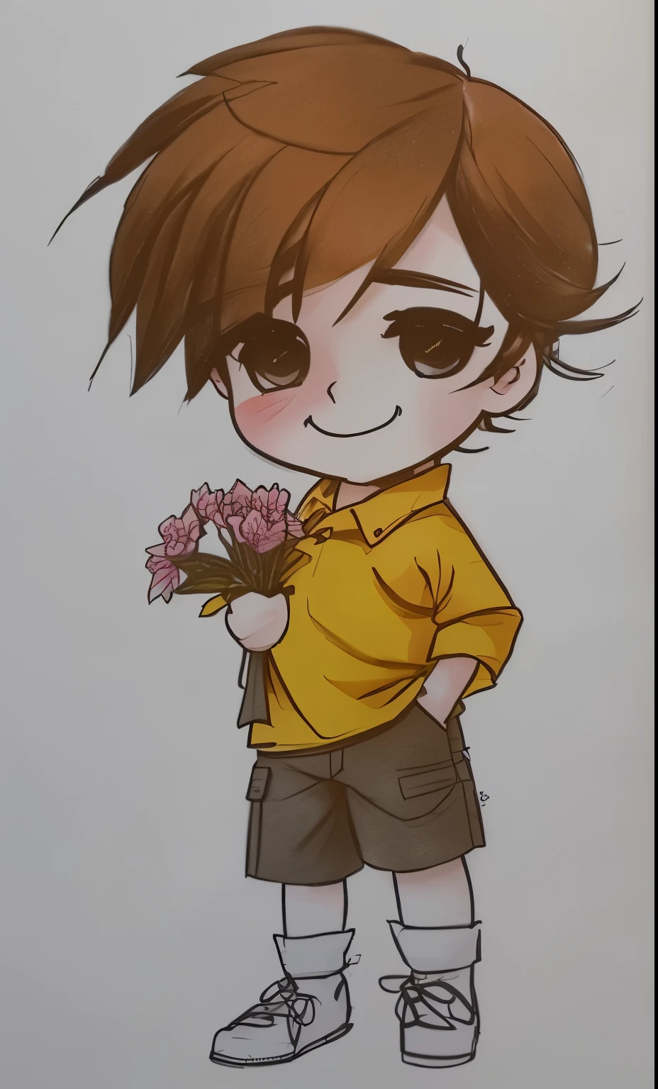 um desenho de um menino segurando um ramo de flores, com flores, bonitinho cartoon, bonitinho drawing, cartoonish bonitinho, bonitinho cartoon character, bonitinho art style, bonitinho artwork, fanart de alta qualidade, 🍁 bonitinho, arte chibi, segurando flores, estilo de desenho tradicional, bonitinho character, desenho de desenho animado, bonitinho cartoon style, lindo estilo de desenho, em estilo anime, fanart oficial