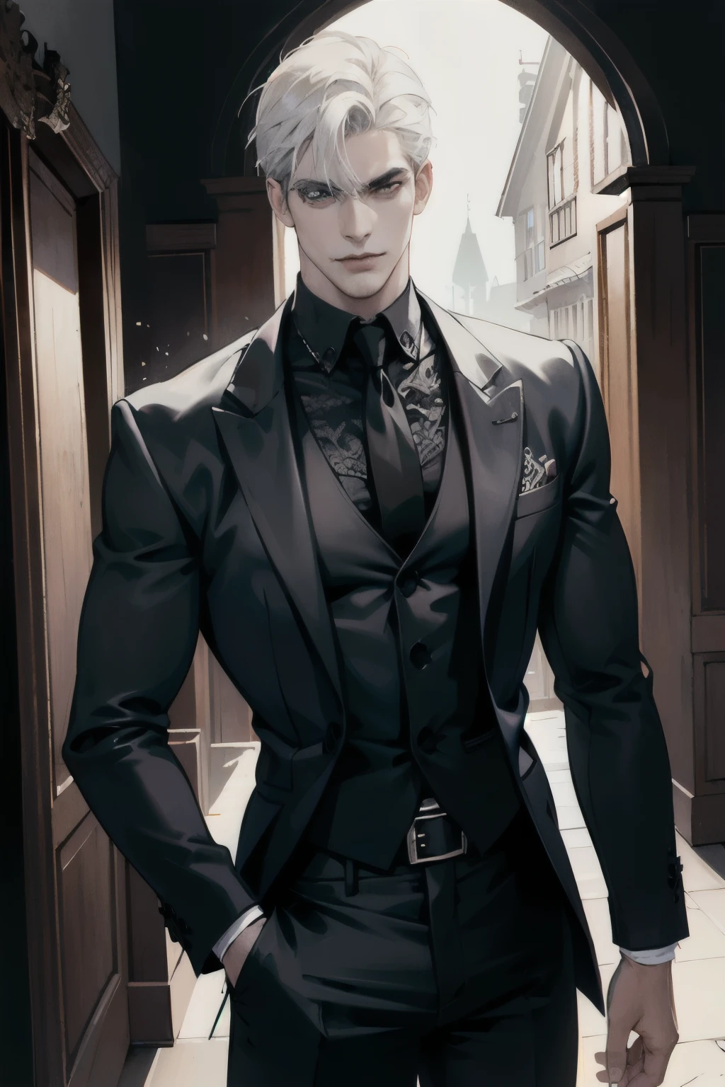 (masterpiece, best quality:1.2), (absurd res, high res, ultra detailed), 1 male, adult, handsome, tall muscular guy, broad shoulders, white hair, finely detailed eyes, portrait, looking at viewer, solo, half shot, detailed background, detailed face, (gothic), smirk, vampire, dark leather, high fantasy,, stealth, undercover, (crates in background), shadows, fog, (dutch angle), closed mouth, black pants
