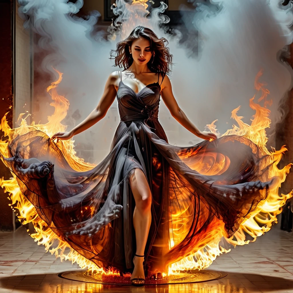 a girl and the devil dancing salsa, burning dress, whirl flames, grey smoke, fire shower, epicrealism, UHD, 8k, super detailed, intricate