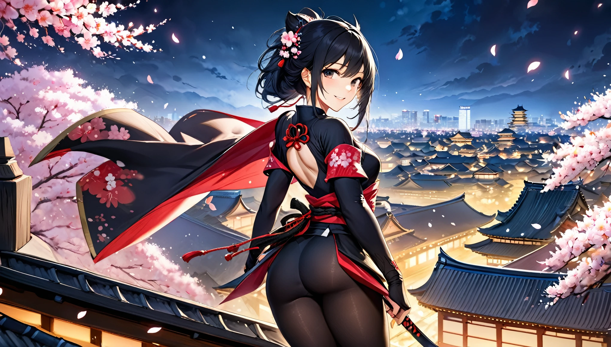(highest quality, 8k, 32k, masterpiece, Ultra-high resolution),Movies Stills Photogenic ,Adult women, beautiful,petal, good looking, Only 1 person,Female ninja with shoulder blades, Asian, Long black hair, tights, Ninja costume, Cherry blossom background, Japan,On the roof of Nagoya Castle,Cherry Blossoms at Night,Fearless smile