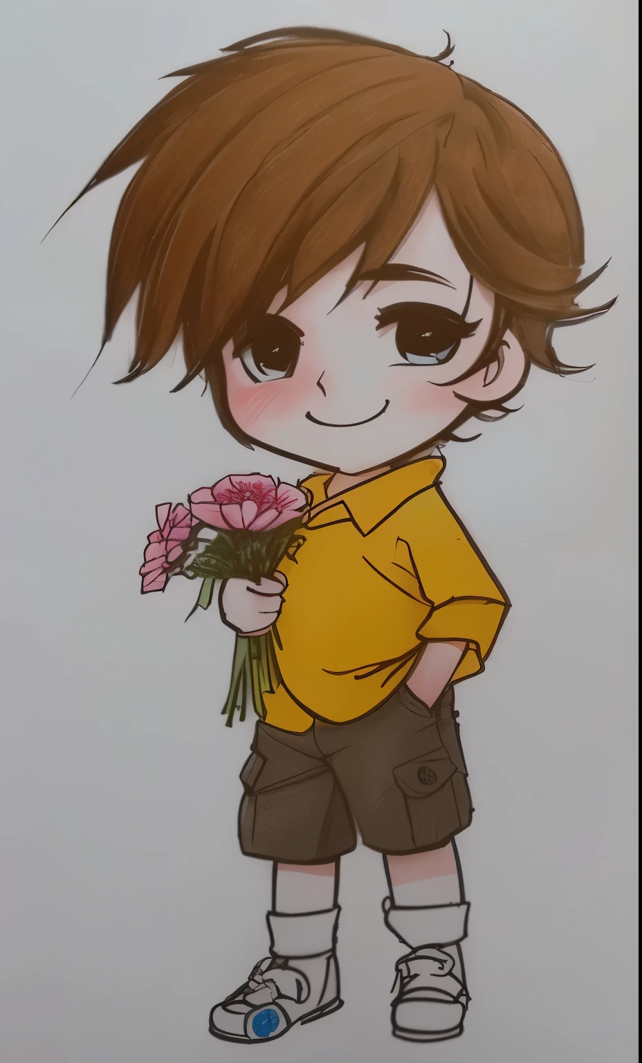 um desenho de um menino segurando um ramo de flores, com flores, bonitinho cartoon, bonitinho drawing, cartoonish bonitinho, bonitinho cartoon character, bonitinho art style, bonitinho artwork, fanart de alta qualidade, 🍁 bonitinho, arte chibi, segurando flores, estilo de desenho tradicional, bonitinho character, desenho de desenho animado, bonitinho cartoon style, lindo estilo de desenho, em estilo anime, fanart oficial