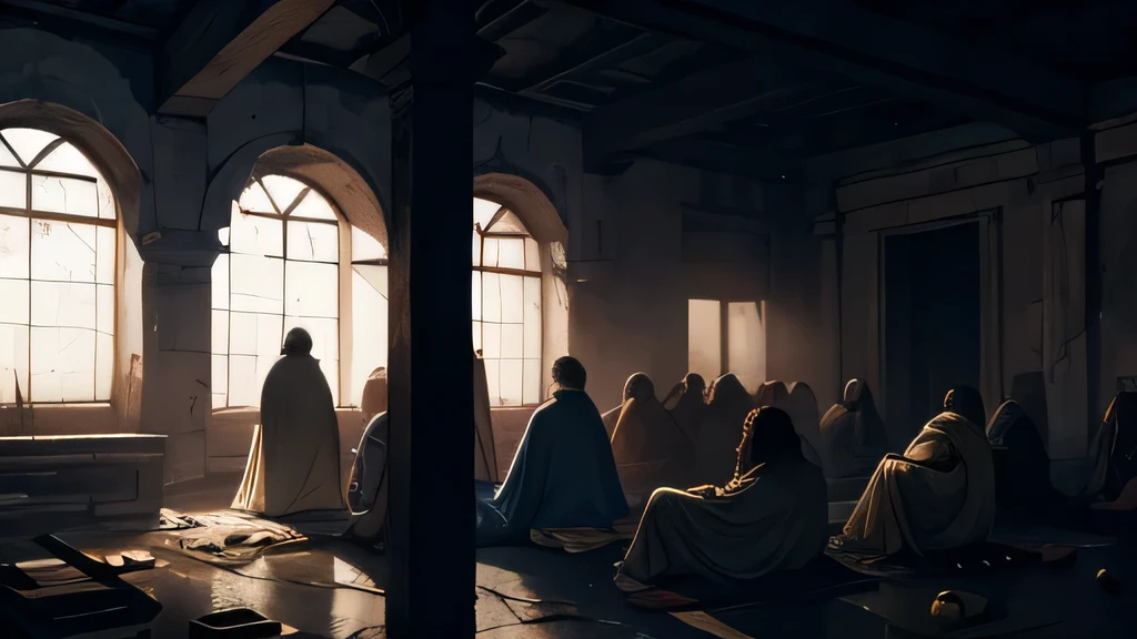 1st century christian, praying, poor clothes, abandoned greek house, detailed faces, detailed clothing, dramatic lighting, chiaroscuro, moody atmosphere, rich textures, cinematic composition, photorealistic, hyper detailed, ultra high resolution