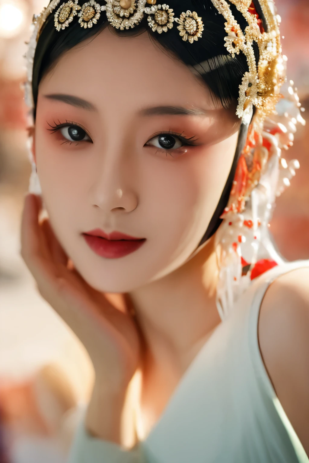 (8k, RAW photo, best quality, masterpiece:1.2),(realistic, photo-realistic:1.47),ultra-detailed,intricate details,best lighting,best shadows,extremely delicate and beautiful,,1 girl,moyou,solo,smile,large breasts,jingju,xiju,Beijing opera,Beijing opera clothes,beautiful body,gorgeous headwear,detail lips,close mouthes,Classic,Solid color,highly detailed,Purity,smooth soft skin,soft lighting,detailed face,,depth of field,upper body,,(pureerosface_v1:0.5),(ulzzang-6500-v1.1:0.5),