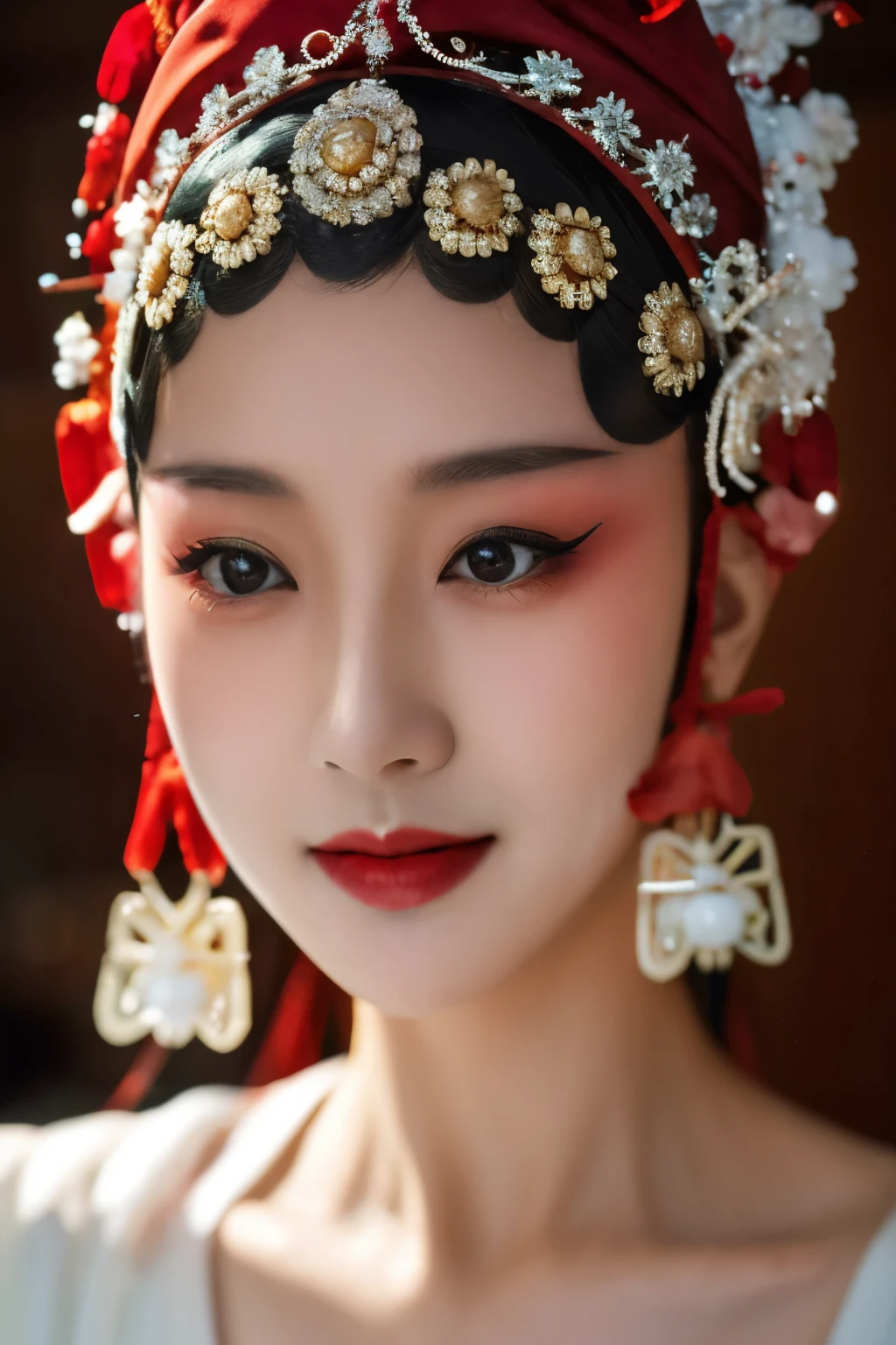 (8k, RAW photo, best quality, masterpiece:1.2),(realistic, photo-realistic:1.47),ultra-detailed,intricate details,best lighting,best shadows,extremely delicate and beautiful,,1 girl,moyou,solo,smile,large breasts,jingju,xiju,Beijing opera,Beijing opera clothes,beautiful body,gorgeous headwear,detail lips,close mouthes,Classic,Solid color,highly detailed,Purity,smooth soft skin,soft lighting,detailed face,,depth of field,upper body,,(pureerosface_v1:0.5),(ulzzang-6500-v1.1:0.5),