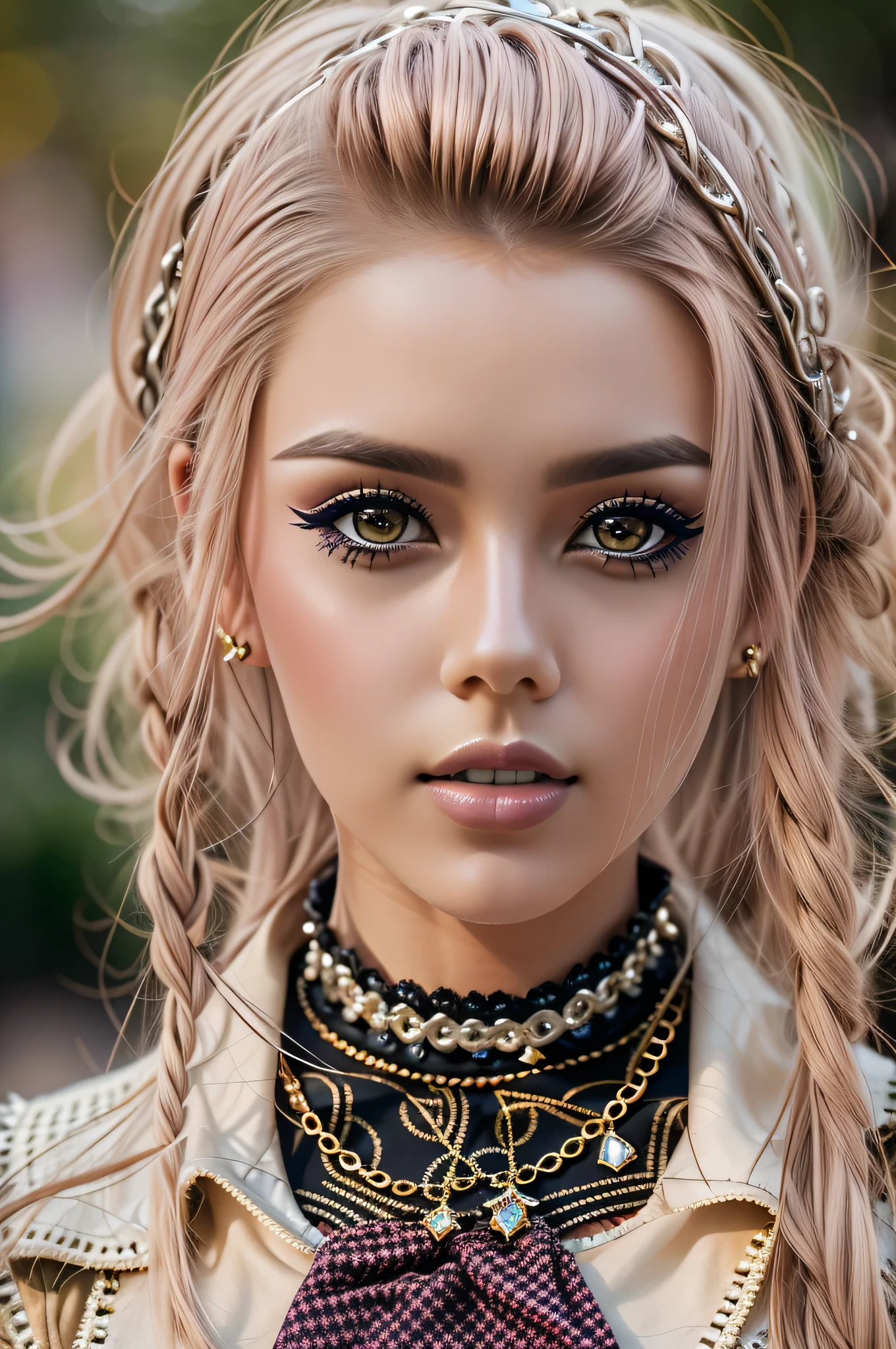photorealistic Realism 32K Quality, (Hyper absurd quality, extremely detailed detail, hyper resolution, clear sharp focus, not blurry, (Realistic brown_eyes:1.25)), ((perfect dark_eyeshadows:1.45)), (super Detailed, beautiful little nose:1.2), (perfect composition), (upper body shot), ((close up of her face)), beautiful cheekbones, double eyelids, dslr, best high quality soft lighting, sharp focus captured by Fujifilm XT3, f 5.6, in a dramatic lighting, ((perfect composition)), ((pale skin)), ((dry skin)), sexy stylish Swedish model, only 1 female, ((doll-like appearance)), long pink stylish hair, (big smile), ((sexy Punk Lolita cosplay)), unconventional skirt, petticoats, high neckline, (ultra details lace), (ultra details embroidery), extremely detailed detail, (tartan patterns, (chains), (spikes), (safety pins), Punk Lolita accessoires, Punk Lolita choker), ((large sparkling Punk Lolita jewelry)), cinematic light, detailed large park background with trees