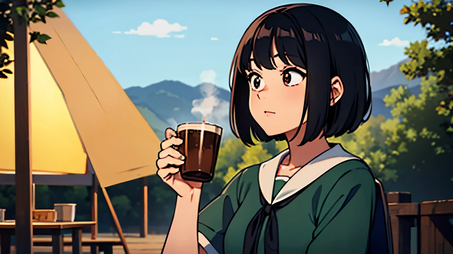 Black Hair camp girl coffee