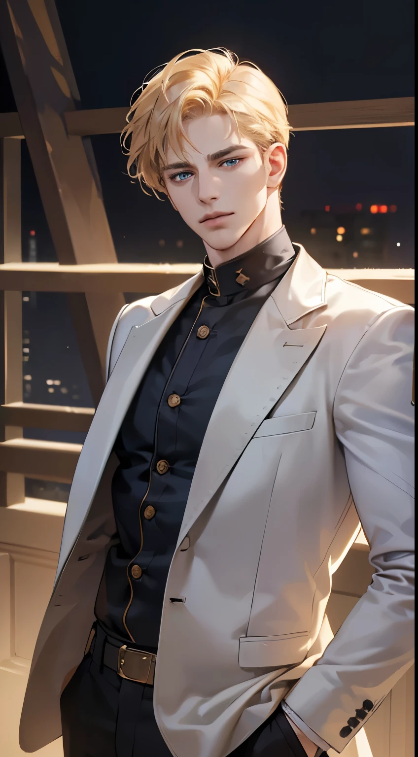 (best quality, masterpiece, 8K, photorealistic, cinematic lighting, 1:4 hdr image, ultra detailed, beautiful image), a mature man, 34 years very handsome, ((cold expression)), short golden hair, blue eyes, face perfect without mistakes, ((buttoning his jacket, CEO))