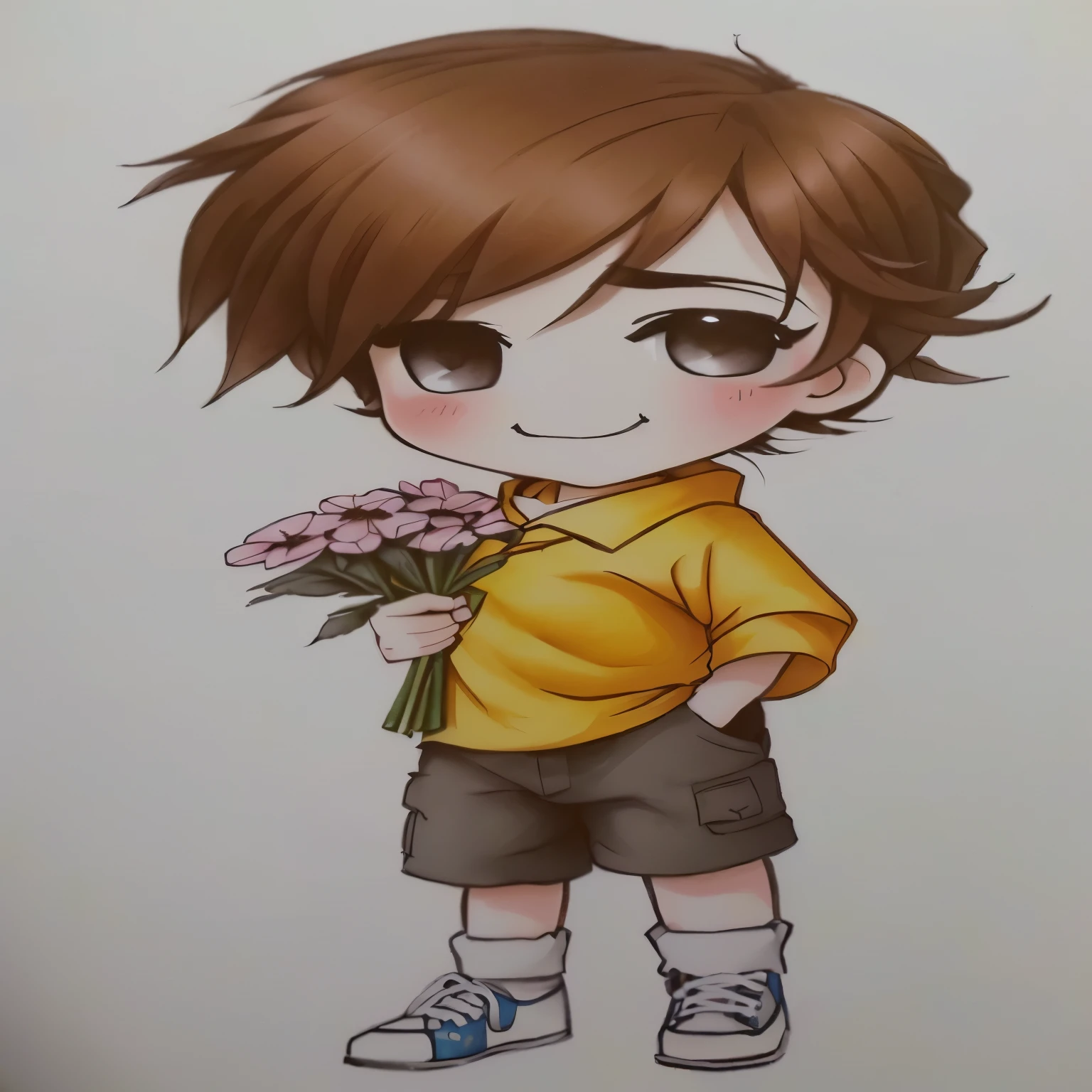 um desenho de um menino segurando um ramo de flores, com flores, bonitinho cartoon, bonitinho drawing, cartoonish bonitinho, bonitinho cartoon character, bonitinho art style, bonitinho artwork, fanart de alta qualidade, 🍁 bonitinho, arte chibi, segurando flores, estilo de desenho tradicional, bonitinho character, desenho de desenho animado, bonitinho cartoon style, lindo estilo de desenho, em estilo anime, fanart oficial