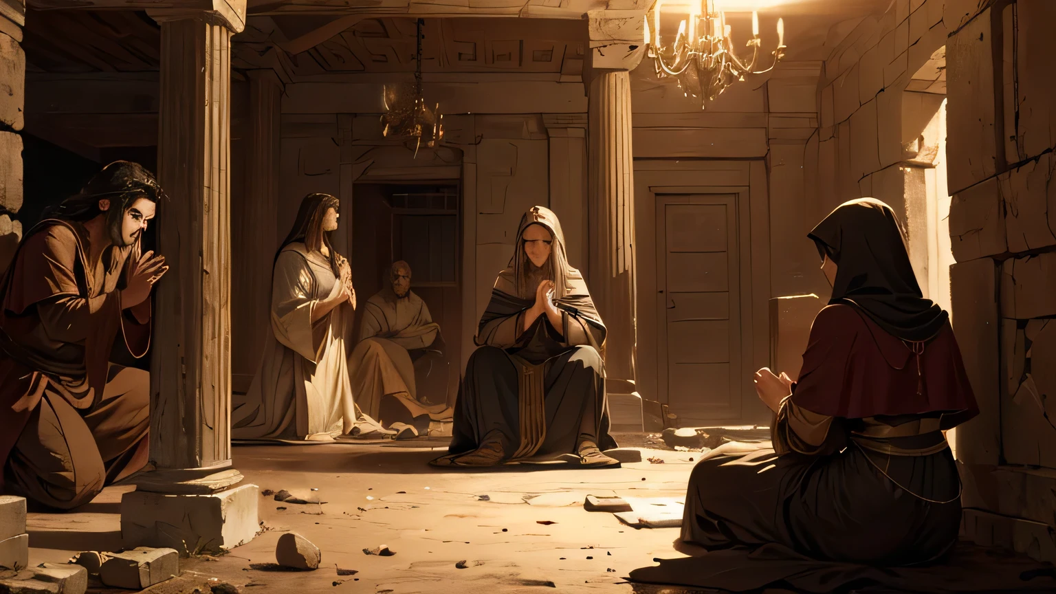 1st century christian, praying, poor clothes, abandoned greek house, detailed faces, detailed clothing, dramatic lighting, chiaroscuro, moody atmosphere, rich textures, cinematic composition, photorealistic, hyper detailed, ultra high resolution