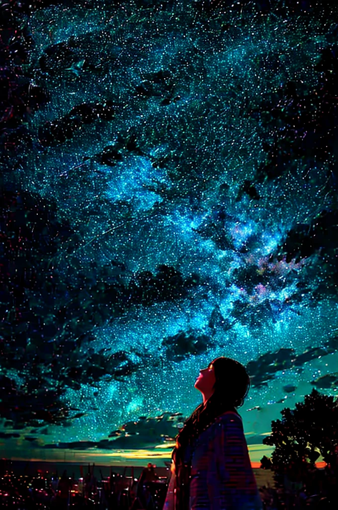 A starry sky,Meteors,Vivid Color,8k,Beautiful night sky,Girl looking up at the sky,Long Shot,Wide Shot