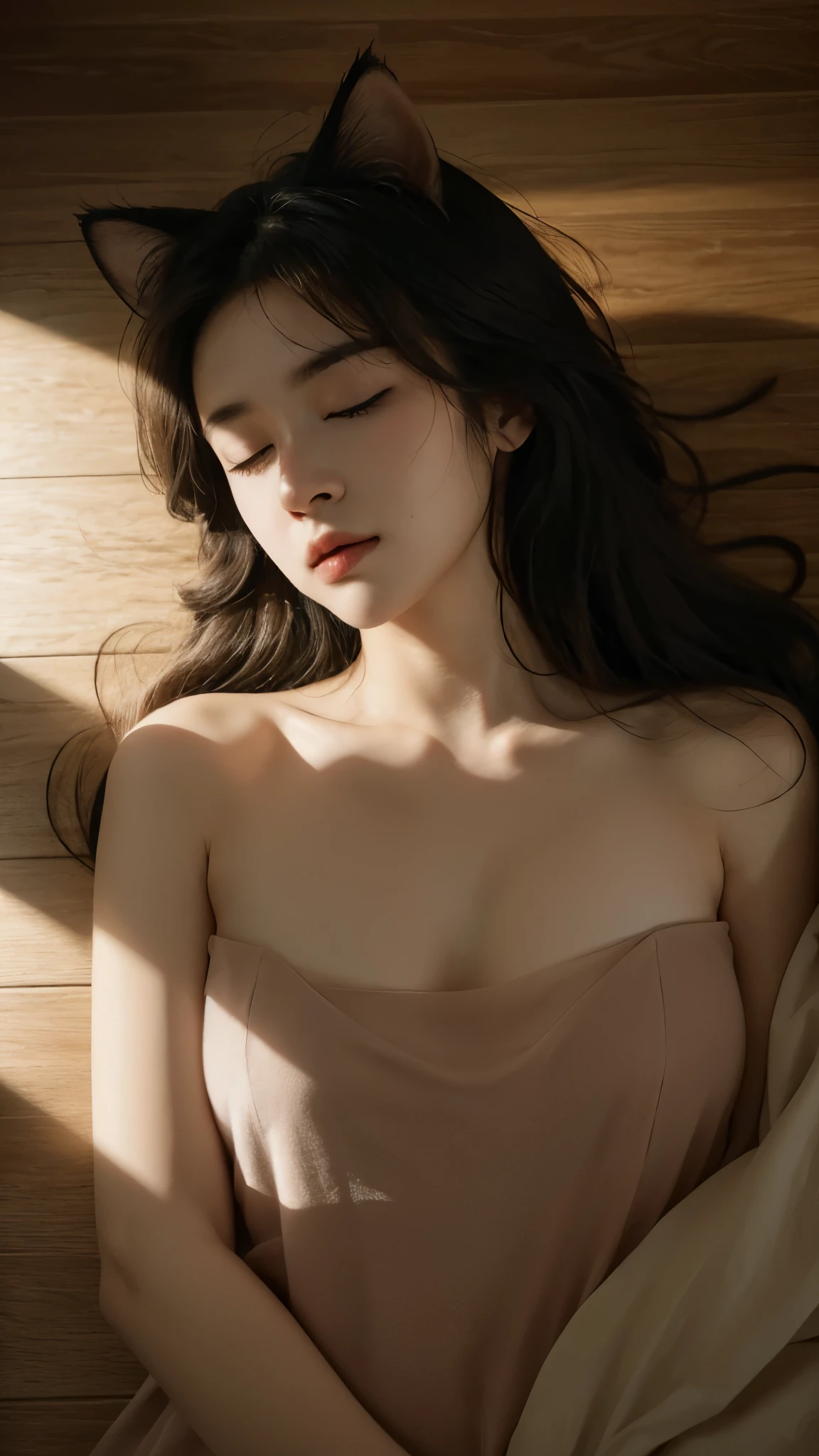 Best quality,masterpiece,Ultra-high resolution,RAW photos, Cat ears,cute,In the light,deep shadow,Low profile,Cold Light,sexy look,Long hair,((best quality: 1.5)) ((masterpiece: 0.8)), Intricate details, Clear focus, professional, real life, Real facial expression, Dynamic poses, ((([Large breasts:0.8])))),((Sleep on the floor))