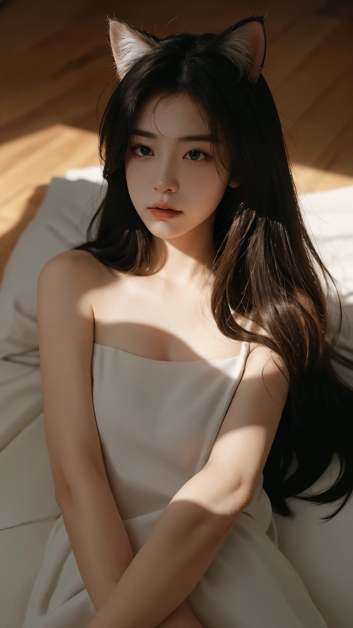 Best quality,masterpiece,Ultra-high resolution,RAW photos, Cat ears,cute,In the light,deep shadow,Low profile,Cold Light,sexy look,Long hair,((best quality: 1.5)) ((masterpiece: 0.8)), Intricate details, Clear focus, professional, real life, Real facial expression, Dynamic poses, ((([Large breasts:0.8])))),((Sleep on the floor))