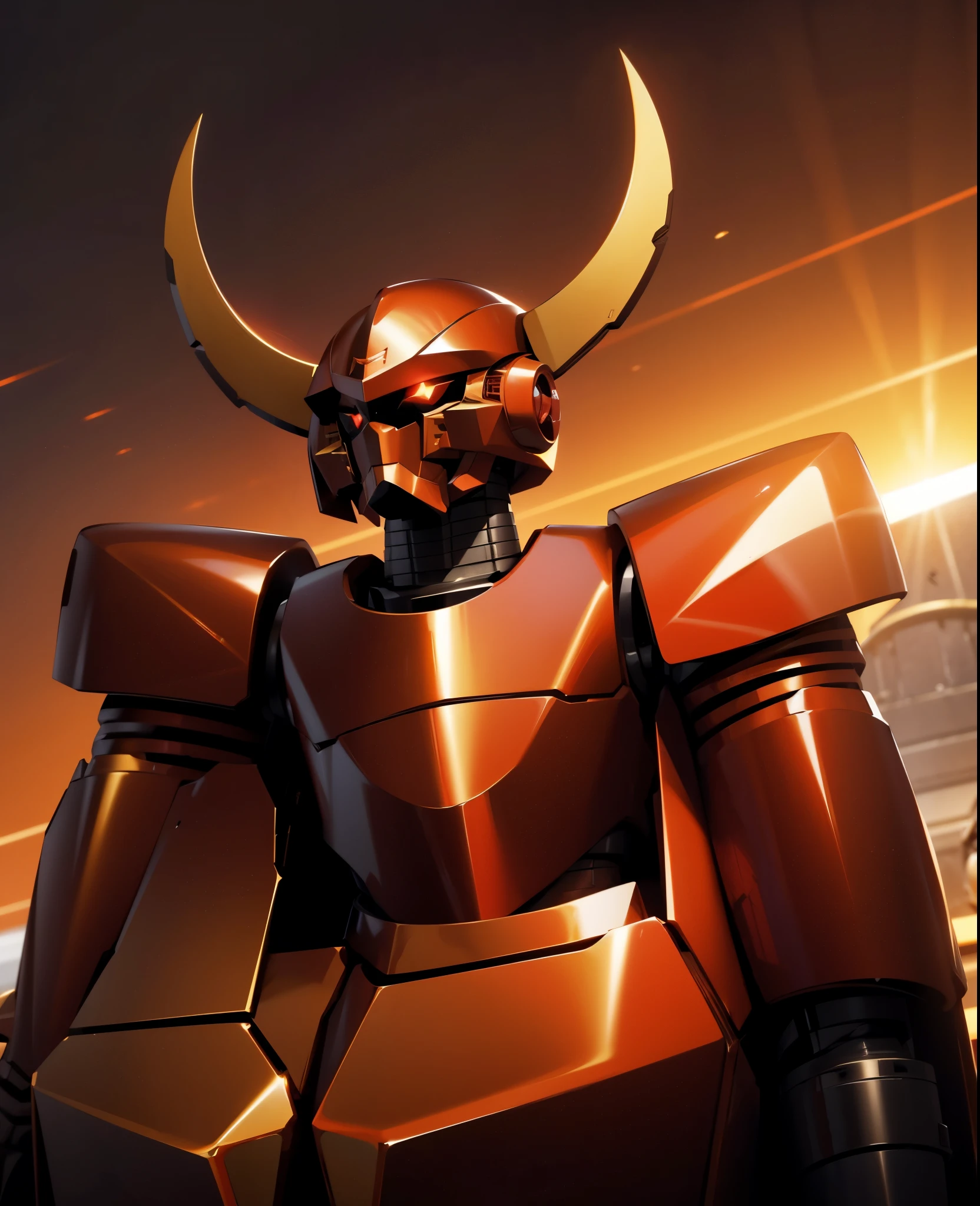 Robot, red mono eye, red body, high quality, golden horns on head, heavily armored,Robot, red mono eye, red body, high quality, golden horns on head, heavily armored, reddish-black shoulders, arm armor is an austere shade, sunset background,