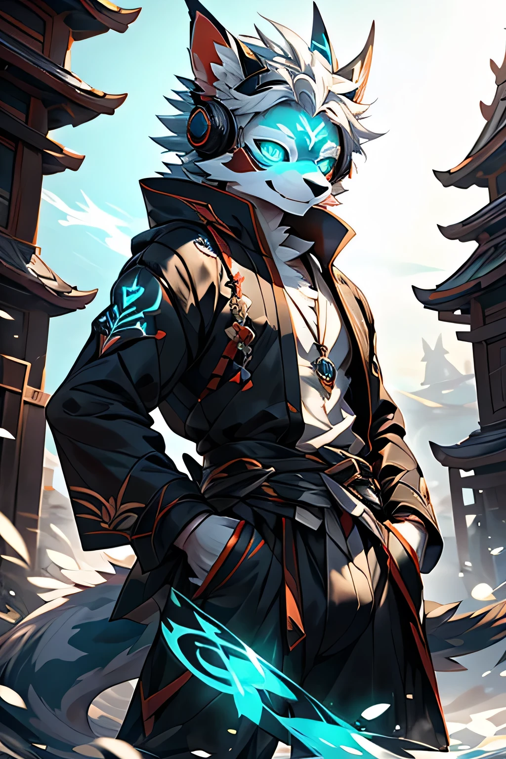 Anime girl in a blue and white dress holding a blue ball, Onmyoji, Onmyoji detailed art, Onmyoji portrait, White-haired deity, keqing from Genshin Impact impact, Genshin Impact, From Arknights, zhongli from Genshin Impact impact, heise jinyao, by Shitao, dragon, author:Yang Jie, yun lingoung werewolf, white fur, wearing a black jacket with neon details, sporting a cybernetic mask, with gamer headphones, profile picture, Close-up on the facehigh quality, digital art, drawing, HD 4k fotorealistisch, ((clear structural details)), Meticulous and realistic, Detailed eyes, (Turquoise blue pupils), ((Silvery-white glowing eyes)), Evil smile, Smile, slenderness, soft, 4K, Excellent quality, high detal, Detailed fur, ((The tail is in the right place) ,Light blue shirt。Two ears,Yellow Hair,whole body,Standing,Bulging of the pectoral muscles,bath,?????? bulge