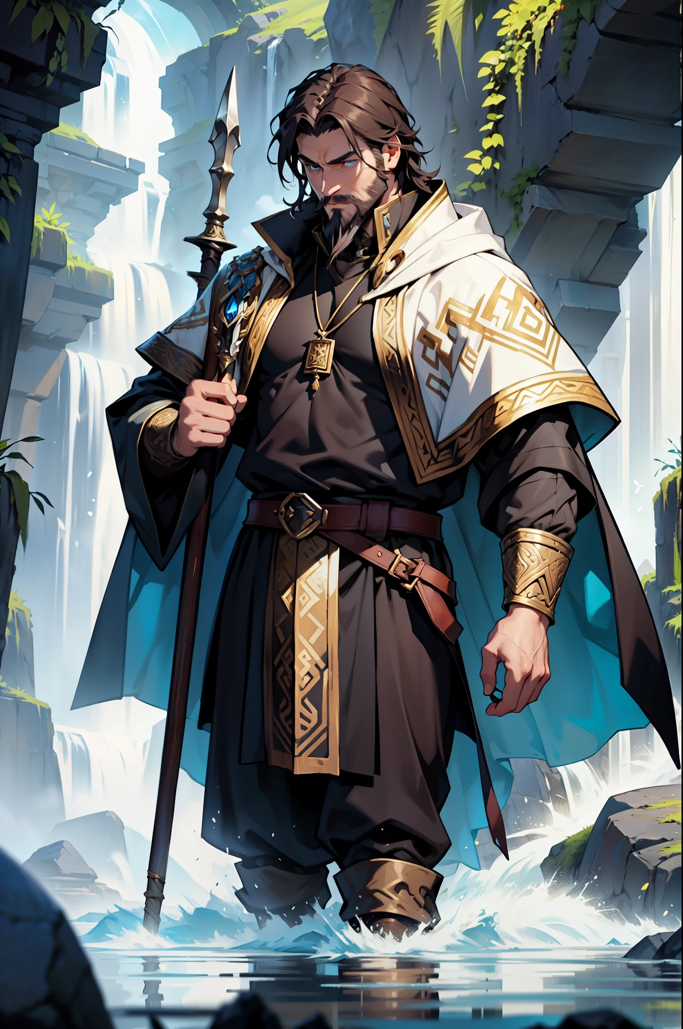 Create a high-fantasy character portrait of Nikolai Ivanov, a respected member of the Relic Hunters, wielding the Staff of Moses. He has a square and robust face with strong, marked features, and pale skin often reddened by the cold. His expression is serious and determined, with an air of wisdom and authority. His deep blue eyes shine with great inner strength and spiritual connection, and his short dark brown hair, with a touch of gray, adds maturity and experience. He often sports a well-kept beard. Nikolai stands about 1.85 meters tall with a robust and muscular build. He wears a combination of practical clothing and traditional elements, including a long, heavy dark wool tunic adorned with golden embroidery over a lighter, functional outfit. His sturdy leather boots are designed for rough terrain. He carries the Staff of Moses, a long wooden staff with ancient carvings and a golden tip that sometimes glows with its own light. He also wears a leather belt with pockets for small items and a silver medallion with sacred inscriptions around his neck. He is surrounded by a powerful and divine aura that sometimes manifests as a soft glow or light blue mist, emitting a sense of power and respect, reflecting his connection with Moses and his mastery over nature and water.