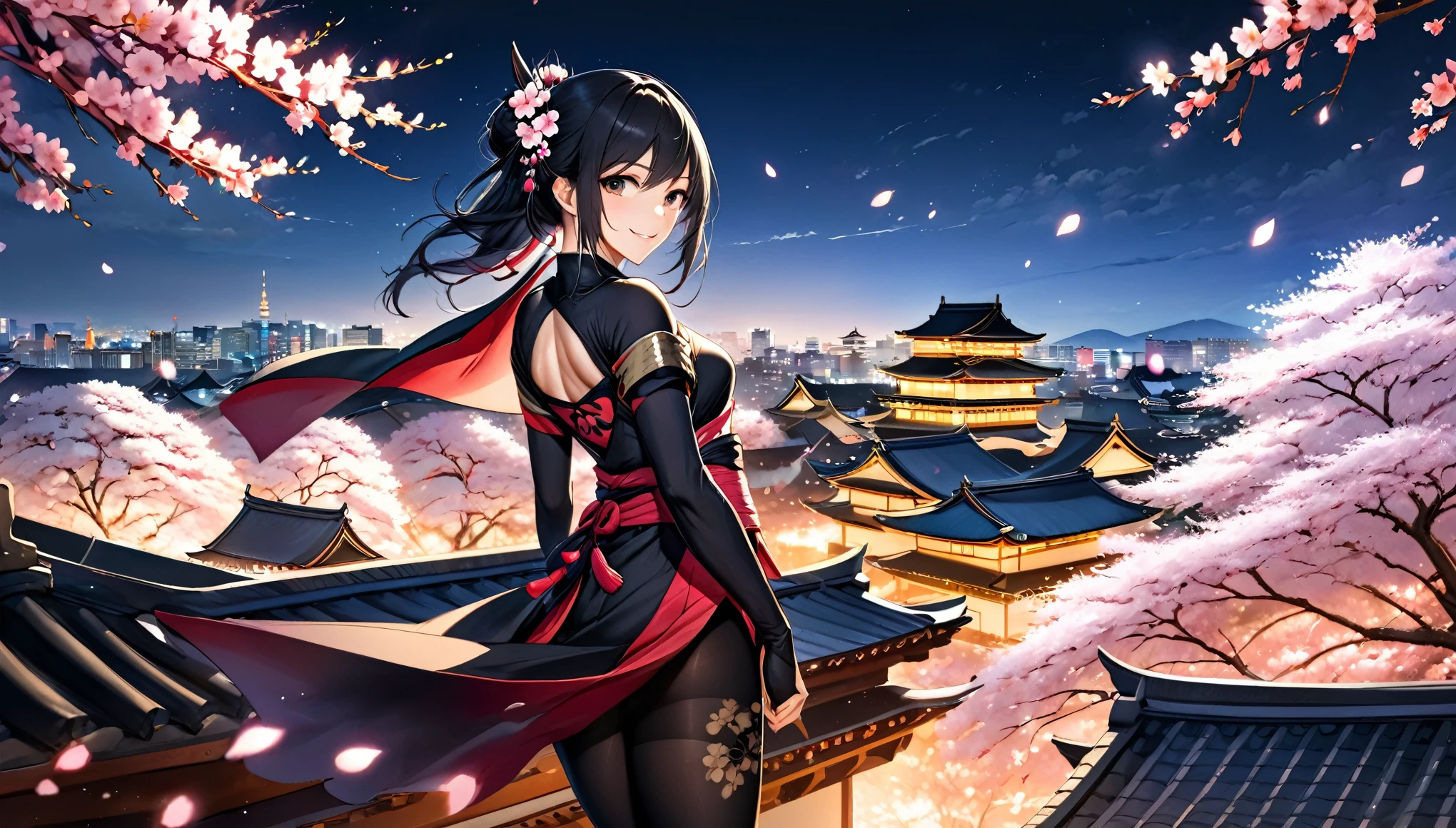 (highest quality, 8k, 32k, masterpiece, Ultra-high resolution),Movies Stills Photogenic ,Adult women, beautiful,petal, good looking, Only 1 person,Female ninja with shoulder blades, Asian, Long black hair, tights, Ninja costume, Cherry blossom background, Japan,On the roof of Nagoya Castle,Cherry Blossoms at Night,Fearless smile