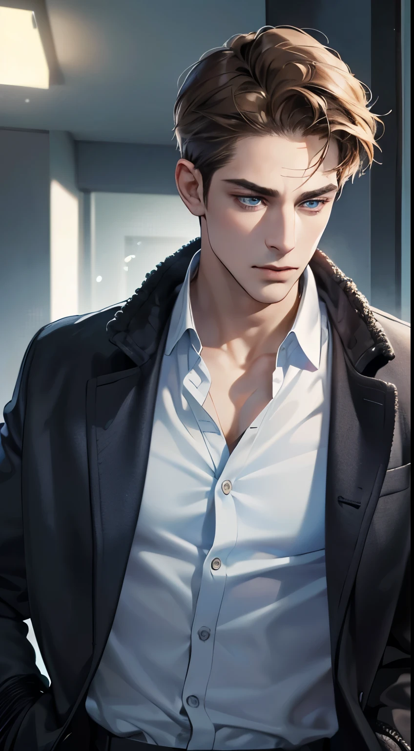 (best quality, masterpiece, 8K, photorealistic, cinematic lighting, 1:4 hdr image, ultra detailed, beautiful image), a mature man, 34 years very handsome, ((cold expression)), short brown hair, blue eyes, face perfect without mistakes, ((buttoning his jacket, CEO))