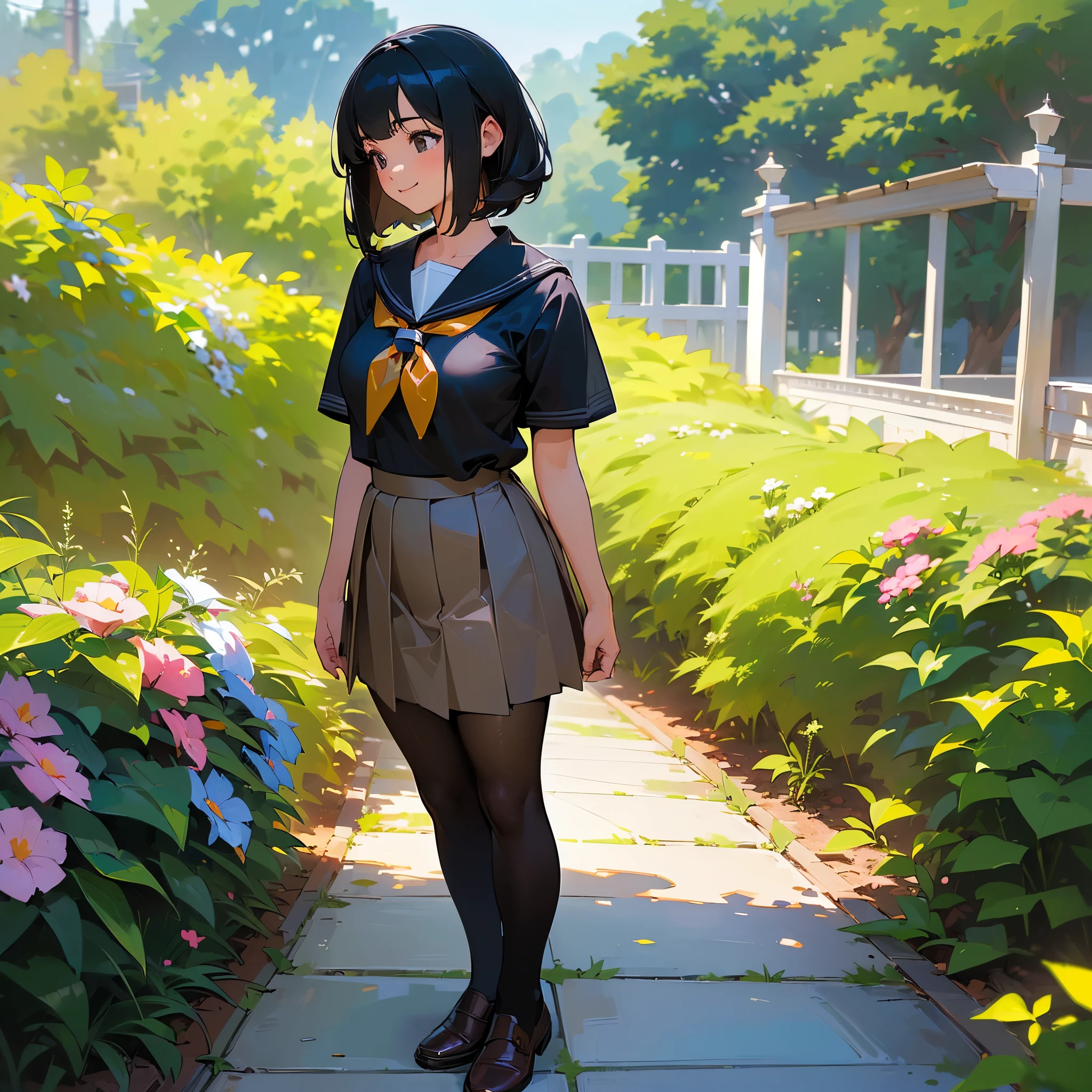 (highest quality, High resolution, Super detailed, Realistic:1.37), Peaceful atmosphere, (Outdoor, garden), age girl standing alone,(my breasts are big.),Beautifully detailed features, Cute Smile, ((Black bob hair)),Short-sleeved sailor uniform, Pleated skirt,Black tights,Brown leather shoes.