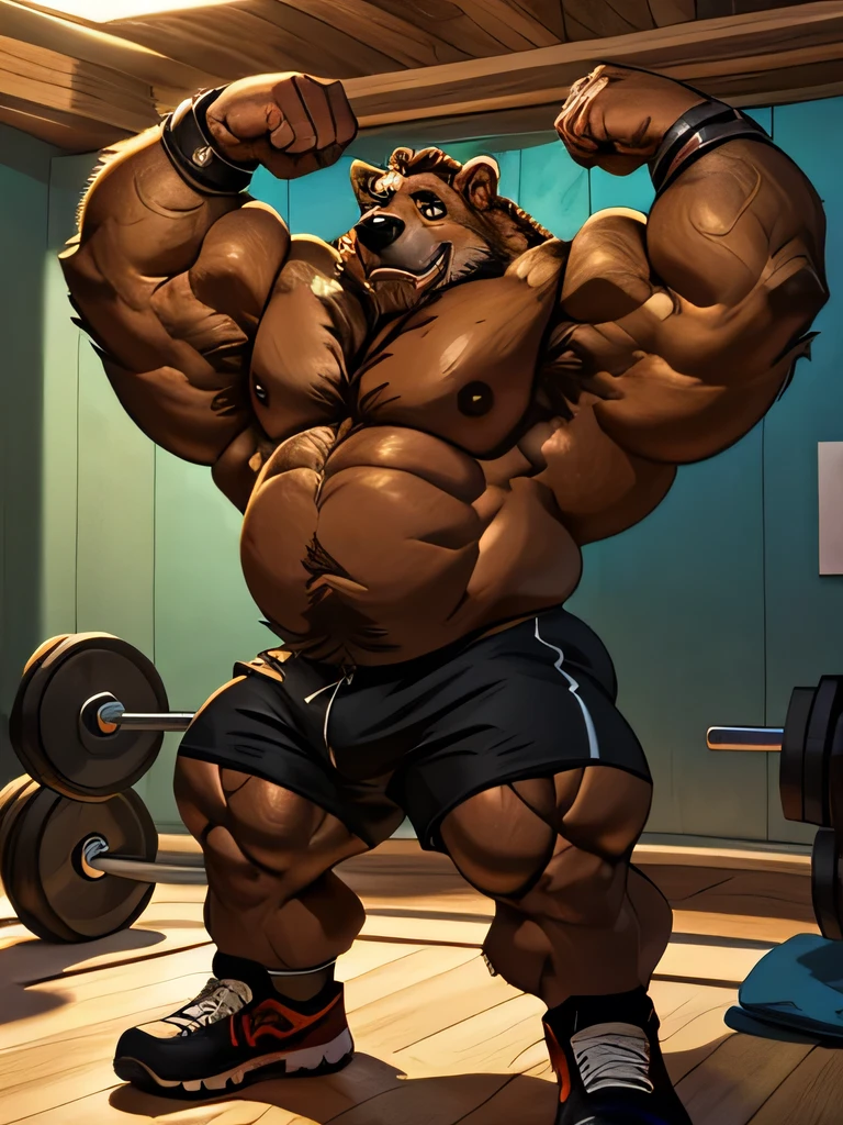solo, 2boys, beach, size different, chubby Grizzly Bear in the gym, brown fur, thick arm, huge arm, bearded. brown hair and brown beard, bearded, muscular, pectoral, wide pectoral, realistic, 8k, masterpiece, (wearing black shorts, wristbands and shirtless:1.3, topless, shoes) flexing his pectorals ((extremely muscle size, super thick arms, huge back, thick brown fur, extremely wide back and shoulder , huge arms)). and add details to make it attractive and interesting. Add textures and details to make the image more realistic, such as the appearance of the body built muscles texture and the appearance of the skin. Make sure the resulting image is high resolution, 8K quality.", simple background, masterpiece, high detailed, 8k, high resolution