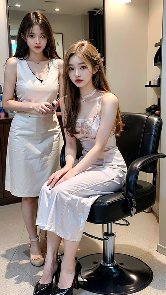 (((NFSW : 1.2))), (((pornography))), (realistic), (intricate details:1.2), (masterpiece、:1.3), (top quality:1.4), (Ultra A high resolution:1.2), Ultra A high resolution, 8K resolution, very detailed expression, dark, (high quality), complete ???????, natural ???????, full body photo, (A woman is getting her hair and makeup done at a hair salon by hairdressers), she is 21 years old, (prostitute: 1.5), (korean:1.6), (beautiful : 1.4), (shiny blonde banging), (big earrings), heavy makeup, Confusing wording, choker necklace, long legs, (The girl wore a slim feminine dress. : 1.4), (She is sitting seductively on a beauty salon chair and looking in the mirror in front of her :1.4), glowing skin,(Making eye contact with each other :1.4), (a number of men standing and styling her hair : 1.5),(She is caught and sexually harassed by men.. : 1.5), violated by them, caught, (detailed background:1.2), (A pair of shoes is always symmetrical:1.5)