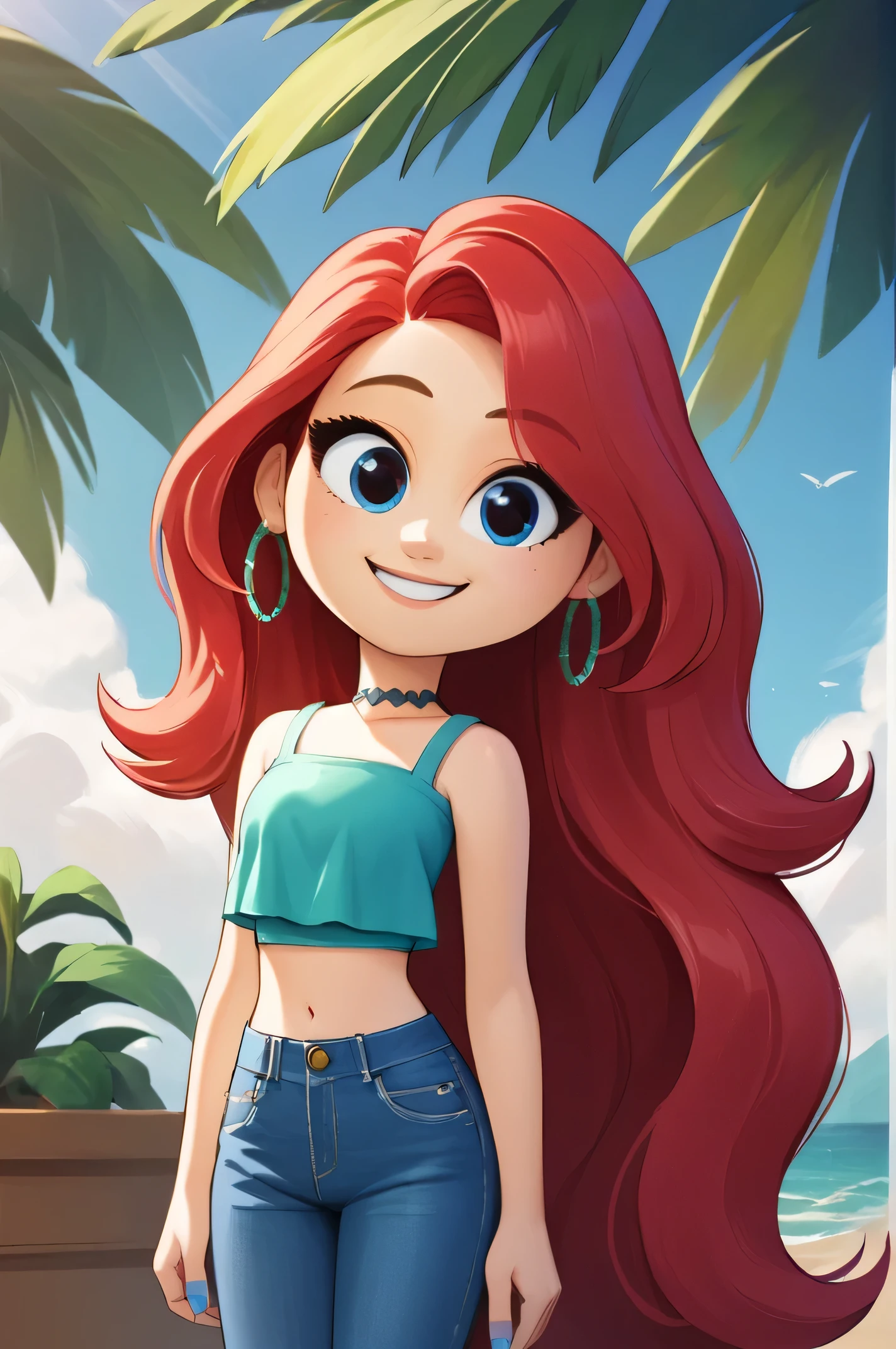 masterpiece,best quality, highly detailed, score_9, score_8_up, score_7_up, score_6_up,source_anime, BREAK chelsea, 1girl, midriff, upper body, choker, smile, jewelry, very long hair, standing, red hair, earrings, pants, blue eyes, white-skinned female, aqua ruffle crop top, denim, blue nails, jeans, hoop earrings, blue pants, beach background,