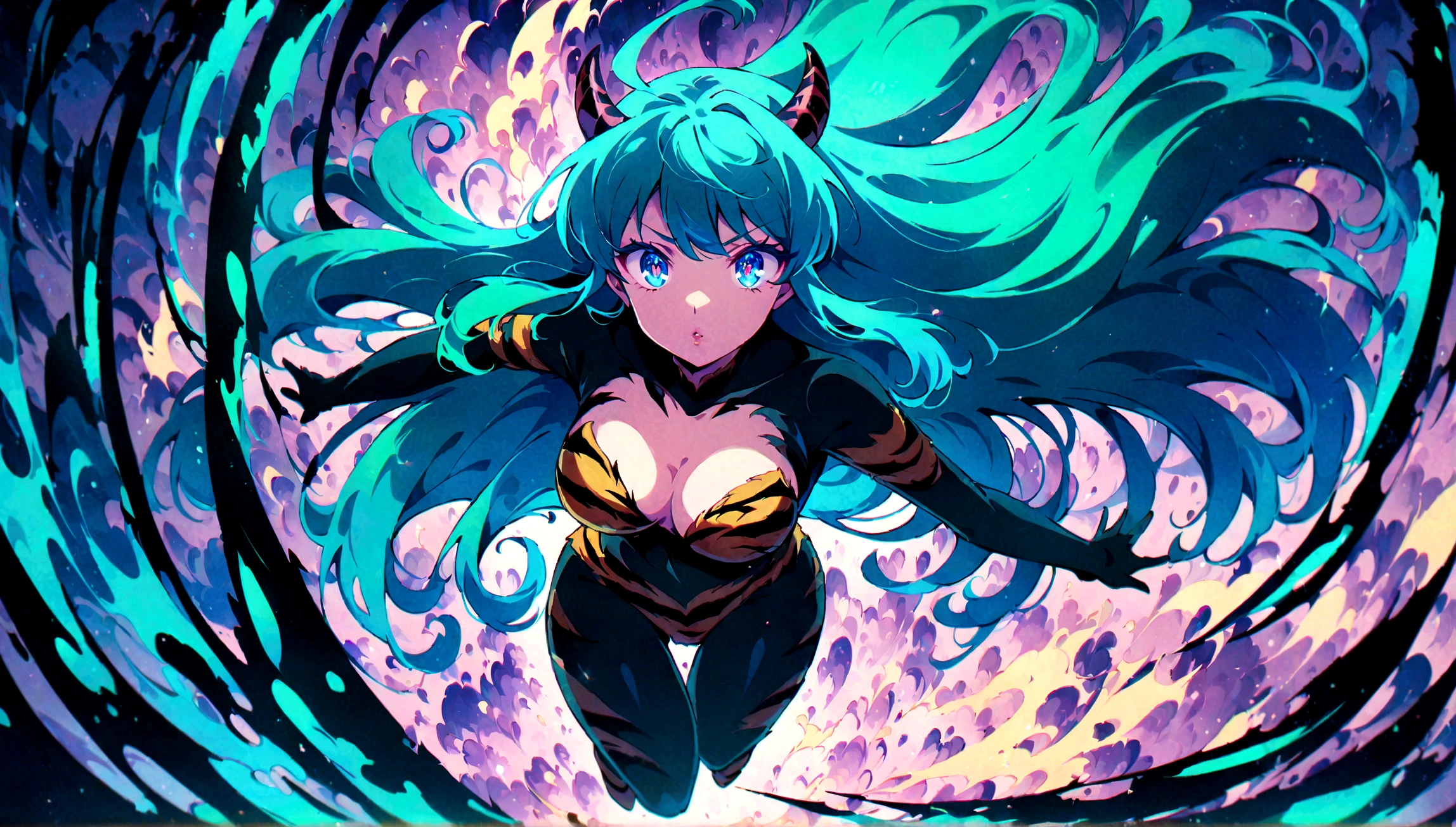 (score_9, score_8_up, score_7_up), lum, solo, long hair, breasts, dark blue eyes, eyeshadow, dark green hair, bangs, tiny tiger-stripped horns, aqua hair, tsundere, 4k, intricately detailed, source_anime, detailed full body of a woman flying through the sky, beautiful detailed eyes, beautiful detailed lips, extremely detailed face and features, long eyelashes, flowing hair, dynamic pose, dramatic lighting, cinematic composition, surreal atmosphere, vibrant colors, muted tones, glowing light effects, dreamlike quality, 8k, high quality, intricate details, masterpiece, (from above),