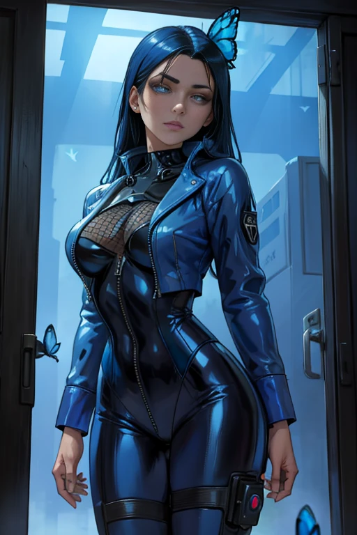 Glowing blue butterfly,Blue skinny latex jacket,agent,1girll,blue colors, Masterpiece, Best quality,A high resolution,Detail enhancement,best qualtiy,Perfect image quality,Cool and elegant,Beautiful and gentle,cyber punk perssonage