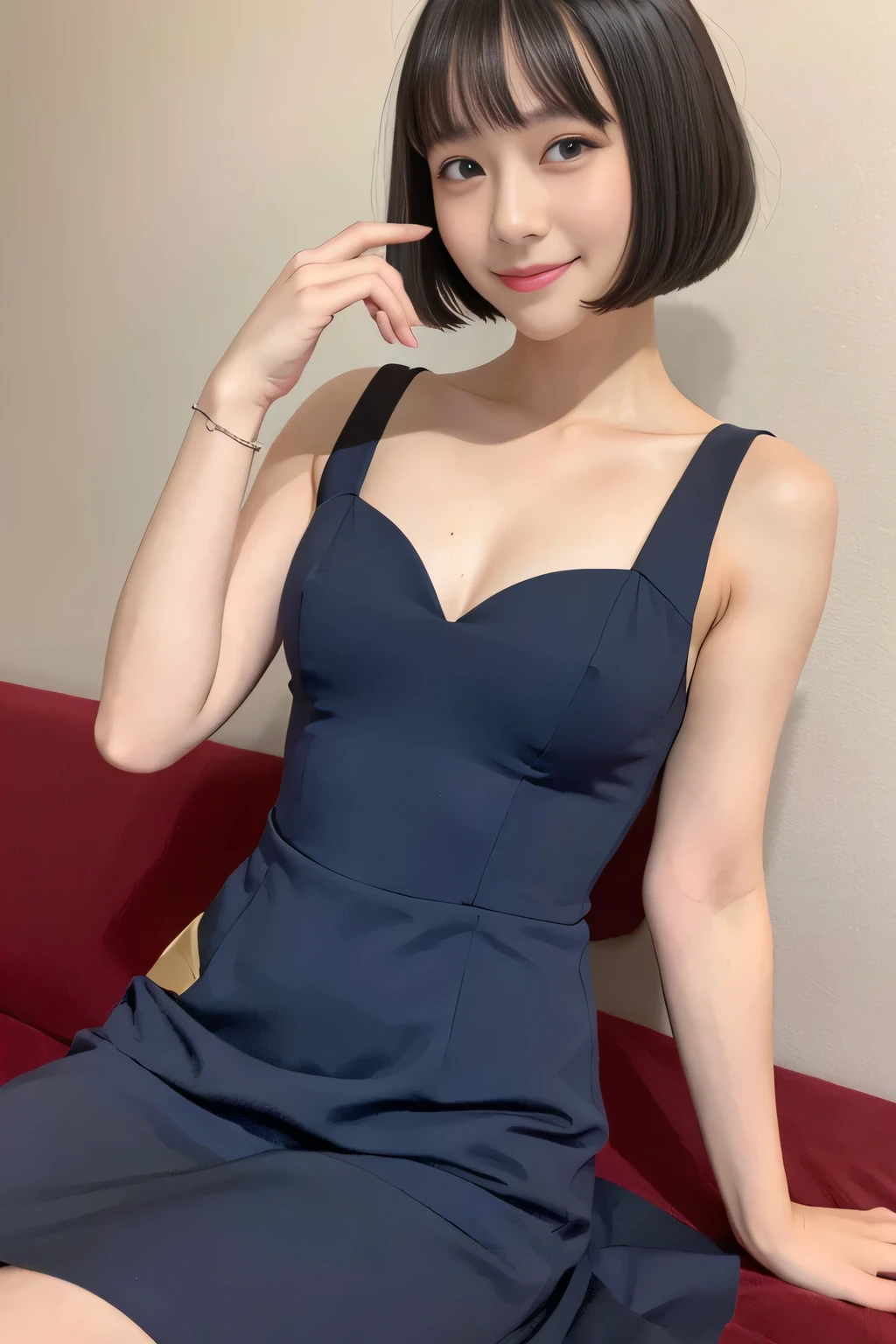 Upper class girl in elegant formal dress of random colors、Biting pose、Cunning Smile、Bobcut、Flat Chest、Nipples