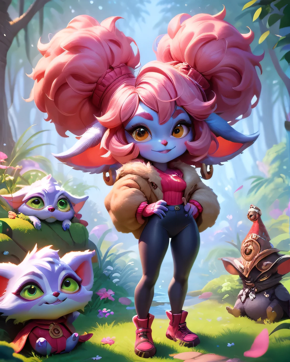 score_9, score_8_up, score_7_up, score_6_up, score_5_up, score_4_up, pink purpple yordle female, a dubious little creature getting up to mischief,cute,pretty,attrative,seminua,4yordles,slender,thin,