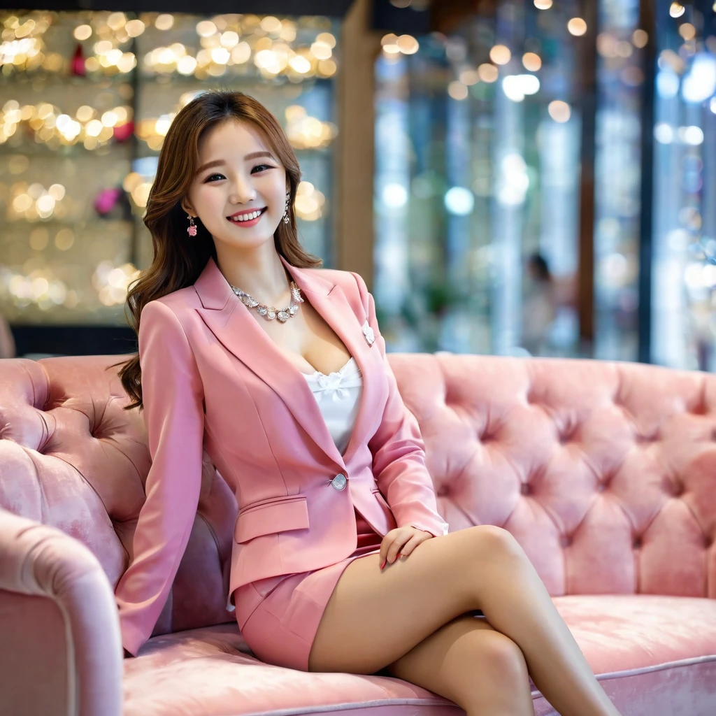 Full body,side view of beautiful korean female, 34 inch breasts size, Cheerful smile ,wearing pink suit, and short skirt, Sexy Sitting on a sofa in a luxury jewelry store,bokeh background, UHD