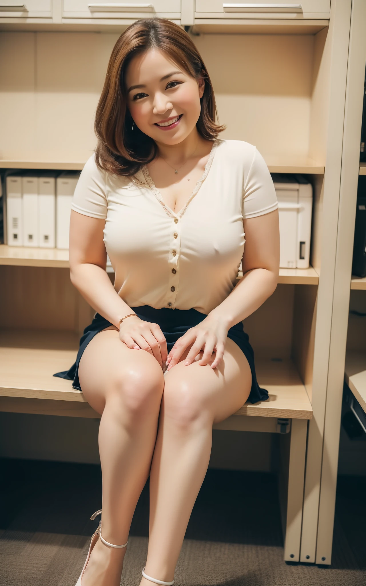 ((Best Quality, 8k, Masterpiecedetails, ultra-high resolution)), (full shot:), (looking at the viewer), 1 milf, a bit chubby:0.05, seductive expression, (sitting with cross legs on office desks)), smile, locker room,