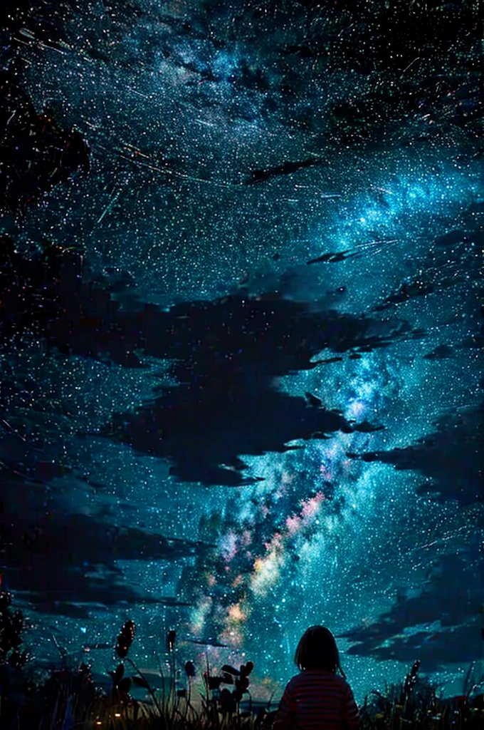 A starry sky,Meteors,8k,Beautiful night sky,Girl looking up at the sky,Long Shot,Wide Shot,Pop Art