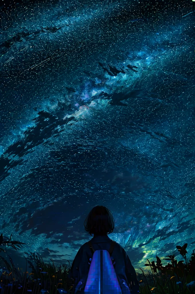 A starry sky,Meteors,8k,Beautiful night sky,Girl looking up at the sky,Long Shot,Wide Shot,Pop Art