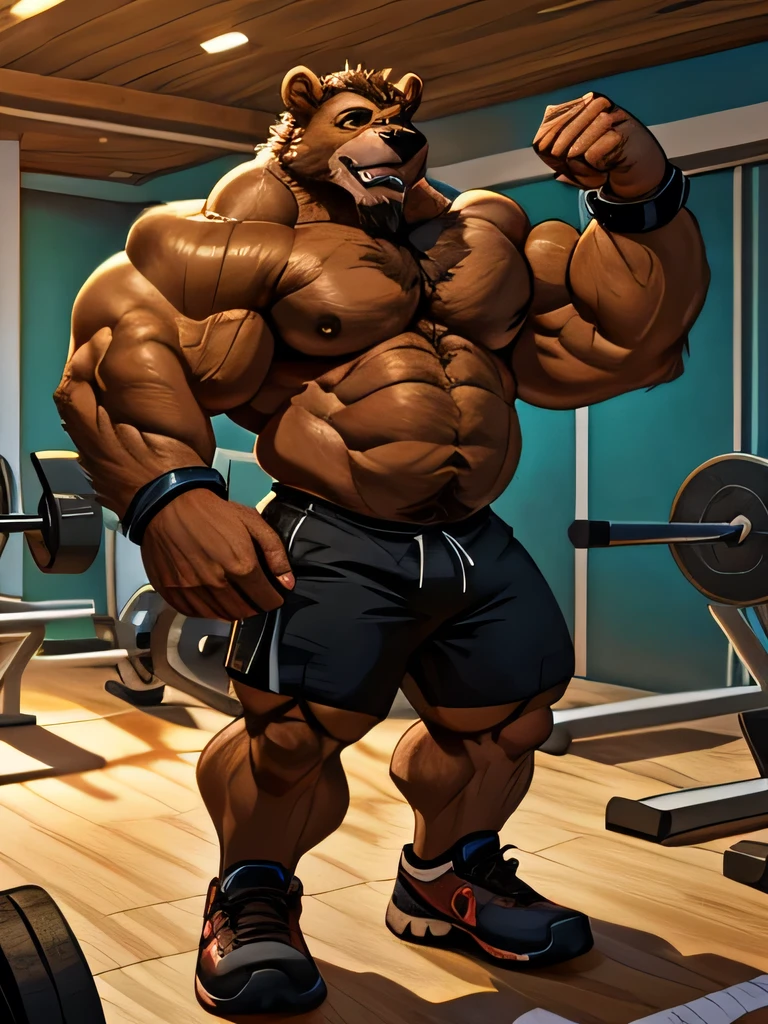 solo, 2boys, beach, size different, chubby Grizzly Bear in the gym, brown fur, thick arm, huge arm, bearded. brown hair and brown beard, bearded, muscular, pectoral, wide pectoral, realistic, 8k, masterpiece, (wearing black shorts, wristbands and shirtless:1.3, topless, shoes) flexing his pectorals ((extremely muscle size, super thick arms, huge back, thick brown fur, extremely wide back and shoulder , huge arms)). and add details to make it attractive and interesting. Add textures and details to make the image more realistic, such as the appearance of the body built muscles texture and the appearance of the skin. Make sure the resulting image is high resolution, 8K quality.", simple background, masterpiece, high detailed, 8k, high resolution