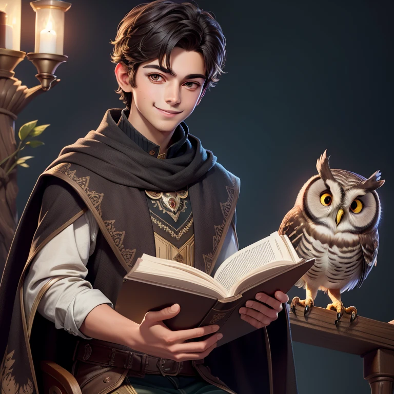 (Highest quality, masterpiece: 1,1), (with owl, dark eyes, bright smile), Cute boy with brown skin, short hair, reading magic book, detailed, 8K