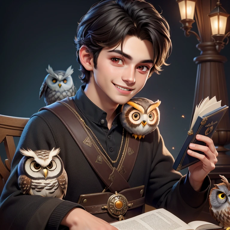 (Highest quality, masterpiece: 1,1), (with owl, dark eyes, bright smile), Cute boy with brown skin, short hair, reading magic book, detailed, 8K